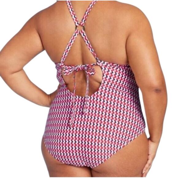 Kona Sol One-Piece Swimsuit Women’s Size 18 Red White Blue Zigzag Strappy Back - Picture 4 of 15